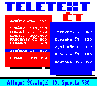 Teletext ČT, strana 100 - Hlavní nabídka