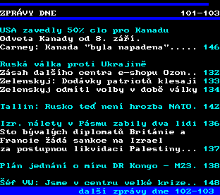 Teletext ČT, strana 101 - Zprávy dne