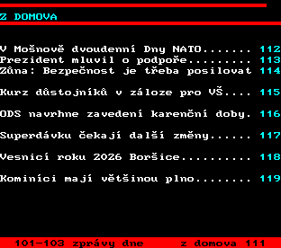 Teletext ČT, strana 110 - Zprávy z domova