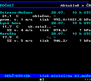 Teletext ČT, strana 174 - Aktuální počasí v ČR