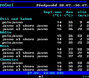 Teletext ČT, strana 178 - Počasí ve městech ČR