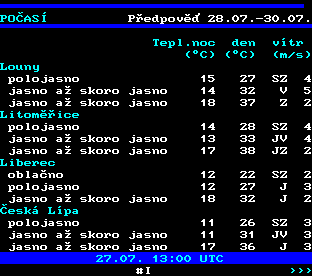 Teletext ČT, strana 178 - Počasí ve městech ČR