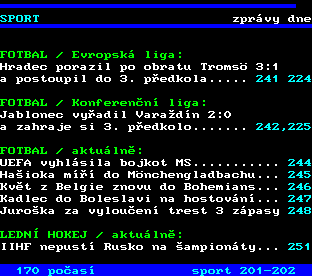 Teletext ČT, strana 200 - Sport - aktuality