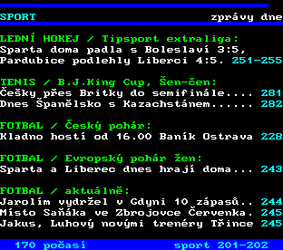 Teletext ČT, strana 200 - Sport - aktuality