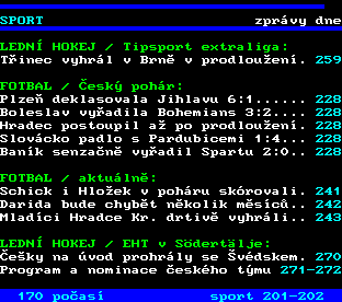 Teletext ČT, strana 200 - Sport - aktuality
