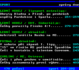 Teletext ČT, strana 200 - Sport - aktuality