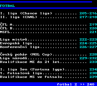 Teletext ČT, strana 204 - Fotbal