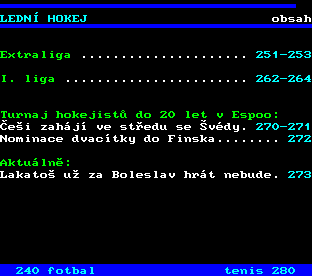 Teletext ČT, strana 250 - Hokej