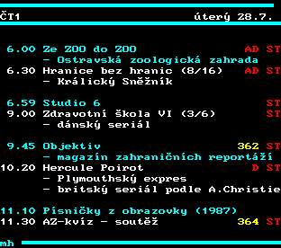Teletext ČT, strana 301 - Program ČT1 na dnes