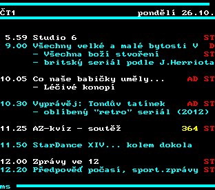 Teletext ČT, strana 301 - Program ČT1 na dnes