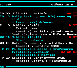 Teletext ČT, strana 326 - Program ČT art na dnes