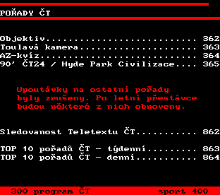 Teletext ČT, strana 360 - Stránky pořadů ČT