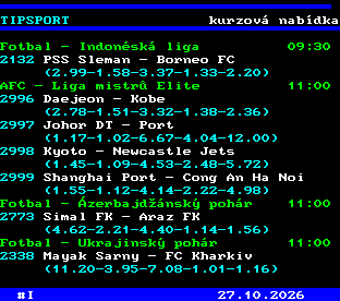 Teletext ČT, strana 763 - Tipsport - kurzová nabídka