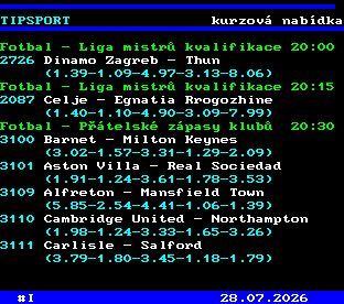 Teletext ČT, strana 763 - Tipsport - kurzová nabídka
