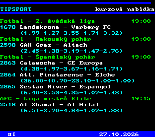 Teletext ČT, strana 763 - Tipsport - kurzová nabídka