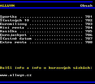 Teletext ČT, strana 780 - Allwyn - obsah