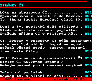 Teletext ČT, strana 850 - Stránky ČT