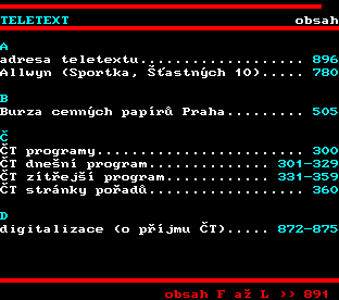 Teletext ČT, strana 890 - Obsah teletextu